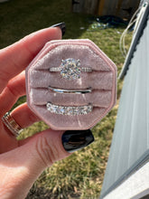 Load image into Gallery viewer, Diamond ring, silver band and diamond eternity band set on a pink velvet box against a white
