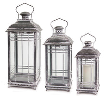 Load image into Gallery viewer, Set of 3 traditional grey metal lanterns with weathered finish and glass panels, rustic farmhouse décor for candles indoor or covered outdoor use