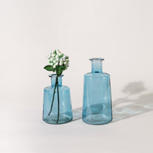Load image into Gallery viewer, Set of 2 blue glass tapered bottle vases in assorted sizes, modern decorative home accents for fresh or faux floral displays