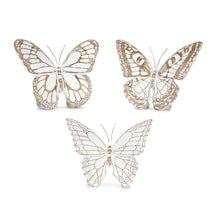 Load image into Gallery viewer, Set of 3 white-washed faux-wood butterfly figurines with metal antennae, rustic spring farmhouse shelf and tabletop décor