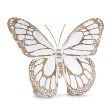 Load image into Gallery viewer, Rustic white-washed butterfly figurine with carved faux-wood detailing and metal antennae, charming spring farmhouse decoration