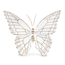 Load image into Gallery viewer, White-washed butterfly shelf sitter with faux-wood texture and delicate metal antennae, nature-inspired farmhouse home accent