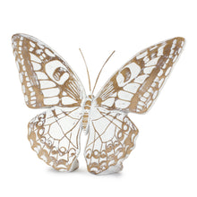 Load image into Gallery viewer, Close-up of white-washed faux-wood butterfly figurine with metal antennae, rustic farmhouse spring tabletop décor