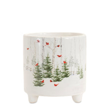 Load image into Gallery viewer, 4" decorative planter with winter scene featuring trees and red birds on a white background