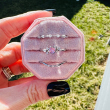 Load image into Gallery viewer, Blush Bloom dainty three piece silver ring stack with pink crystal and cubic zirconia accents gift jewelry in pink jewelry box