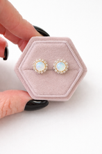 Load image into Gallery viewer, Aurora Opal Halo Stud Earrings – Gold Plated Opal & Cubic Zirconia Halo Studs | Gift Jewelry for Her