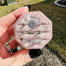 Load image into Gallery viewer, Diamond ring, silver band and diamond eternity band set on a pink velvet box against a white