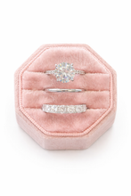 Load image into Gallery viewer, Diamond ring, silver band and diamond eternity band set on a pink velvet box against a white background