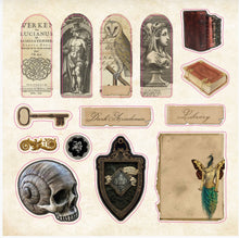 Load image into Gallery viewer, Collection of vintage-style stickers with academic and mystical designs on a beige background.