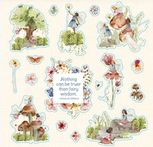 Load image into Gallery viewer, Set of fairy-themed stickers with illustrations of fairies, flowers, and a quote on a light background.