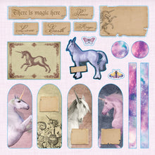 Load image into Gallery viewer, Decorative elements with unicorns, text, and space-themed stickers on a light pink background.
