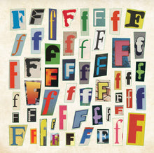 Load image into Gallery viewer, Collage of variously styled letter 'F's stickers in different colors on a beige background