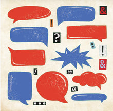 Load image into Gallery viewer, Collection of red and blue speech bubbles and icon stickers on a beige background
