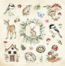 Load image into Gallery viewer, Set of nature-themed stickers featuring animals, plants, and a small house on a beige background.