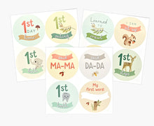 Load image into Gallery viewer, Set of milestone stickers for a baby's firsts on a white background