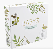 Load image into Gallery viewer, Baby's First Year memory album with green leaf designs on a white background
