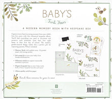 Load image into Gallery viewer, Product packaging for 'Baby's First Years' memory book with keepsake box, featuring green leaf designs.