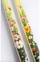 Load image into Gallery viewer, Handcrafted flat taper candle with spring wildflower artwork