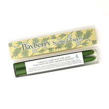 Load image into Gallery viewer, Pair of hand-dipped bayberry scented taper candles in gift box with traditional holiday good luck legend, 10-inch long festive home décor