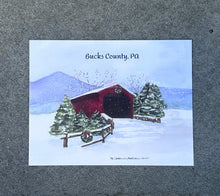 Load image into Gallery viewer, Historic Bucks County covered bridge watercolor postcard by local artist M. Catherine Bateman