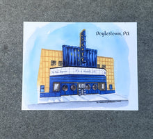 Load image into Gallery viewer, The County Theater in Doylestown Pennsylvania watercolor postcard by local artist M. Catherine Bateman