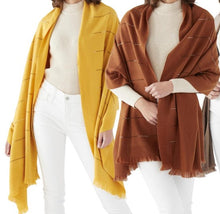 Load image into Gallery viewer, Linear rhinestones scarves gold and rust color styled as a wrap