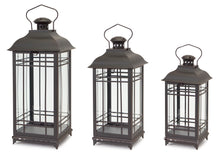 Load image into Gallery viewer, A set of three traditional black metal lanterns with glass panels.