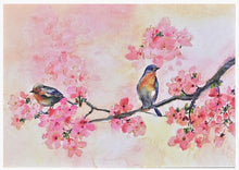 Load image into Gallery viewer, Cherry Blossoms in Spring note card featuring two birds perched on a blossoming tree with gold foil accents