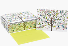 Load image into Gallery viewer, Boxed bird-themed stationery set with green and blue parakeets