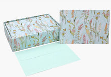 Load image into Gallery viewer, Butterfly and flower note cards, matching box, blue self-sticking envelope