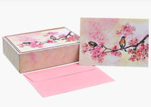 Load image into Gallery viewer, Boxed set of 14 elegant spring-themed note cards with cherry blossoms and birds