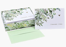 Load image into Gallery viewer, Watercolor eucalyptus thank you card with honeybee, gold foil accents, and matching envelope.