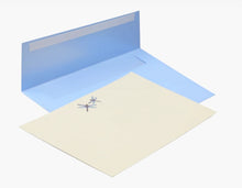 Load image into Gallery viewer, cream note card, embossed and blue dragonfly, blue self-sticking envelope