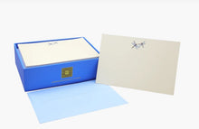 Load image into Gallery viewer, Cream note card with gold embossed and blue dragonfly, blue box for cards and blue self-sticking envelope