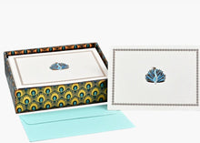 Load image into Gallery viewer, Decorative box with peacock feather design, matching card, and envelope on a white background