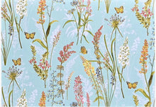 Load image into Gallery viewer, A collection of flat lay note cards with a gold foil embellished butterfly and botanical pattern on a blue background.
