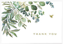 Load image into Gallery viewer, Watercolor eucalyptus thank you card with honeybee, gold foil accents, and matching envelope.