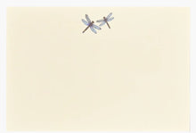 Load image into Gallery viewer, A flat note card with a gold foil embossed dragonfly design at the top, sent against a white background.