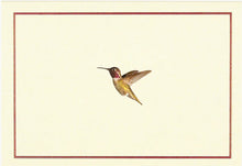 Load image into Gallery viewer, Jewel-toned hummingbird note card with gold foil on ivory background