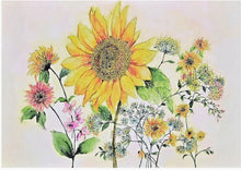 Load image into Gallery viewer, Watercolor sunflower note card with gold foil details and self-sealing matching envelope