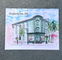 Load image into Gallery viewer, The Paper Unicorn gift shop in downtown Doylestown Pennsylvania watercolor postcard by M. Catherine Bateman