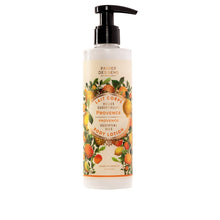 Load image into Gallery viewer, A pump bottle of Panier des Sens Provence Body Lotion with illustrations of oranges and lemons on the label.