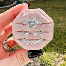 Load image into Gallery viewer, Diamond ring, silver band and diamond eternity band set on a pink velvet box against a white 
