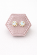 Load image into Gallery viewer, Aurora Opal Halo Stud Earrings – Gold Plated Opal &amp; Cubic Zirconia Halo Studs | Gift Jewelry for Her

