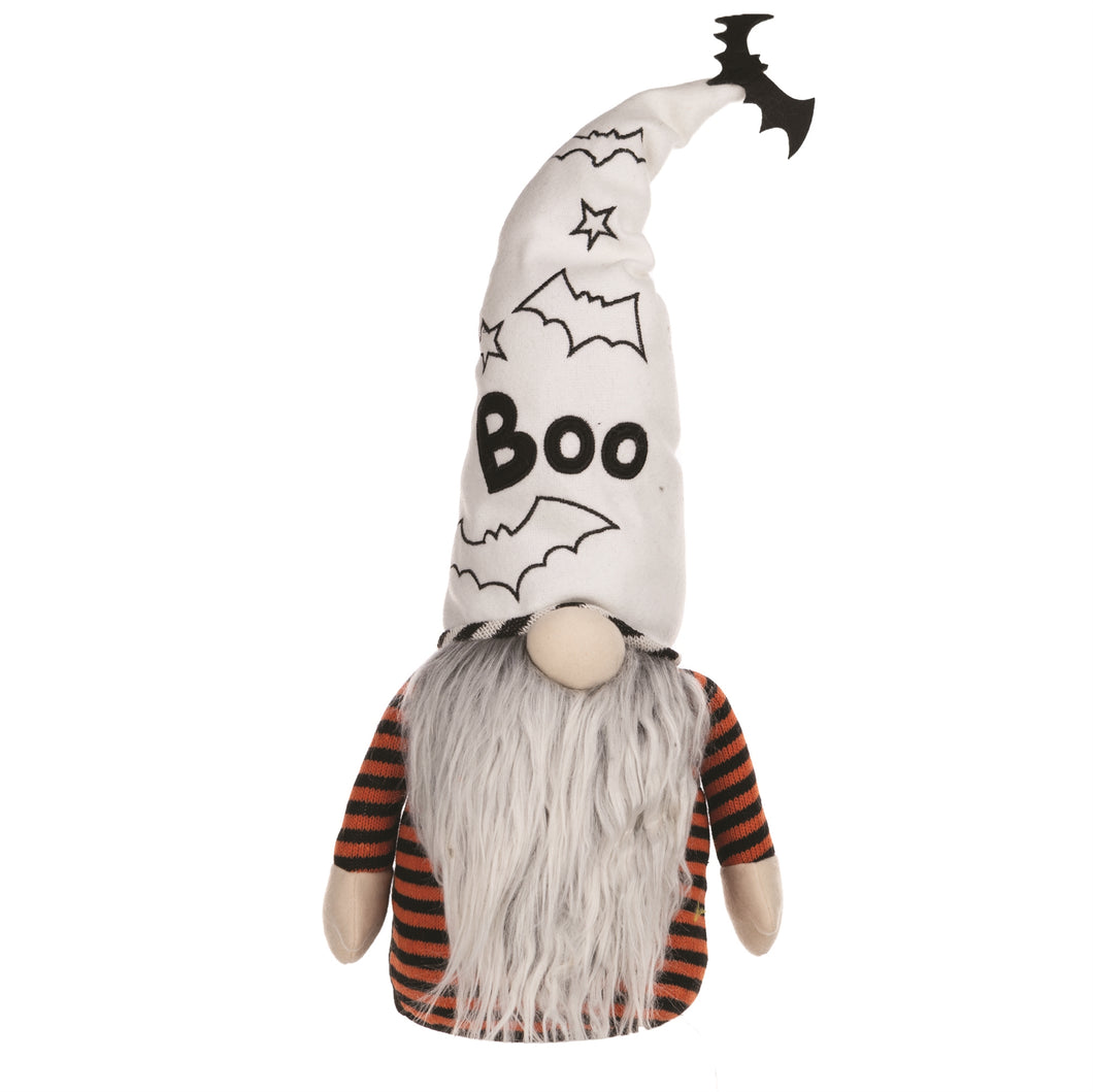 Halloween-themed gnome with striped shirt and bat decorations on hat