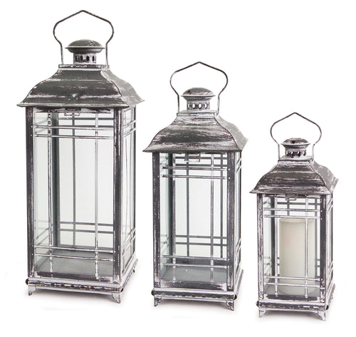 Set of 3 traditional grey metal lanterns with weathered finish and glass panels, rustic farmhouse décor for candles indoor or covered outdoor use