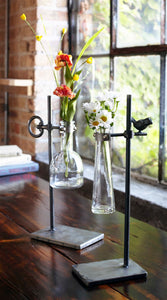 Set of 2 hanging bud vases with glass inserts in rustic metal stands featuring bird and key accents, vintage farmhouse floral display décor