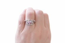 Load image into Gallery viewer, Blush Bloom dainty three piece silver ring stack with pink crystal and cubic zirconia accents gift jewelry
