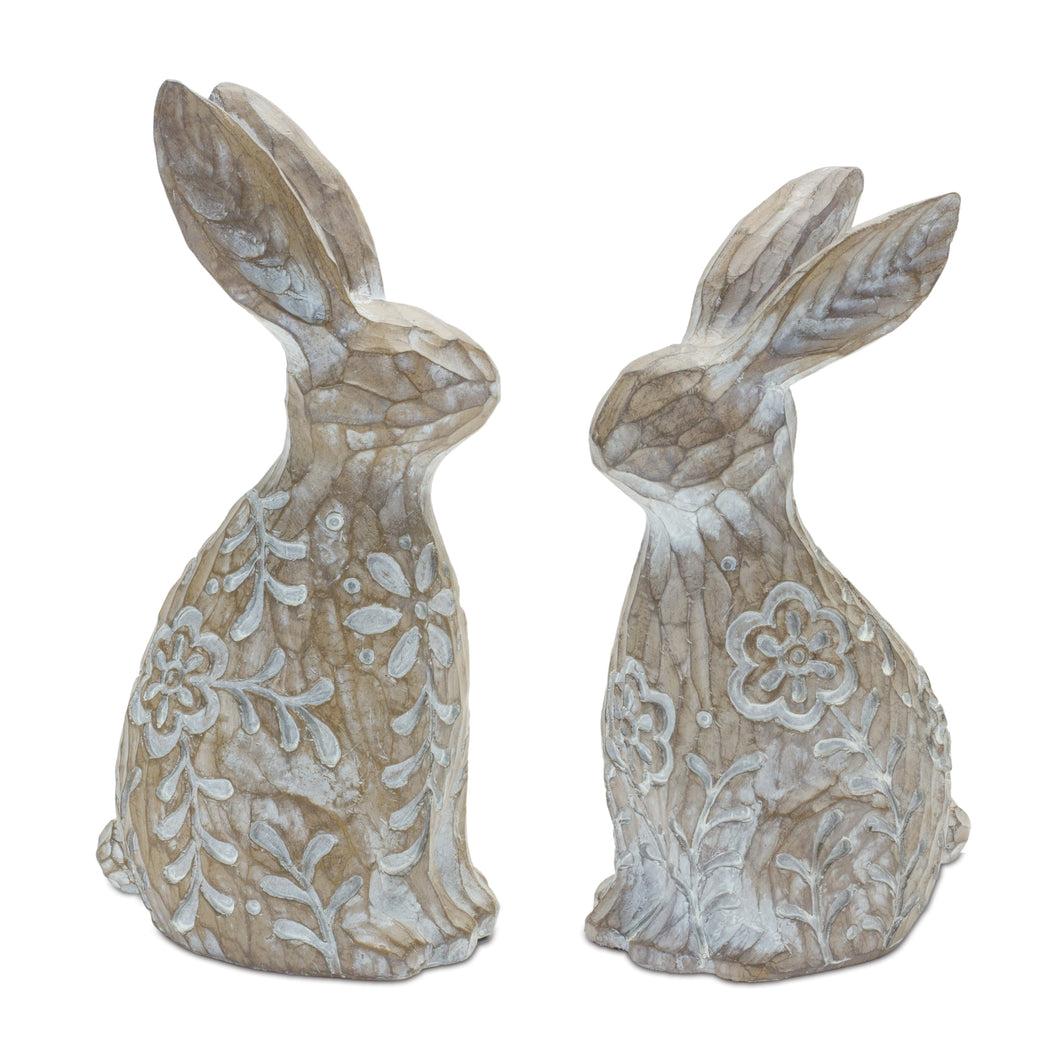 Floral Carved Rabbit Figurine Set (2-Piece) – Elegant Cottage Decor