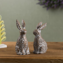 Load image into Gallery viewer, Floral Carved Rabbit Figurine Set (2-Piece) – Elegant Cottage Decor
